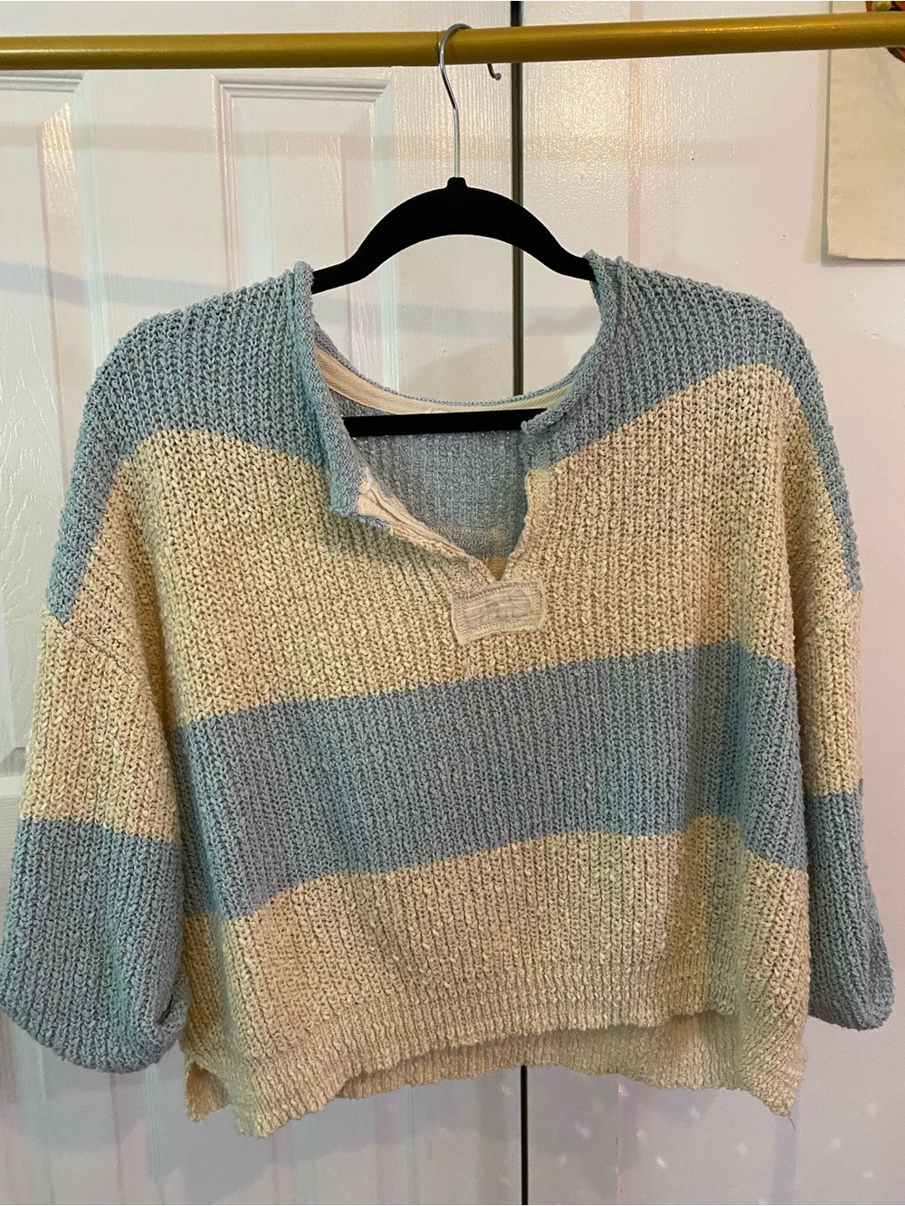 Free People Style Striped Relaxed Knit Crop Sweater - Blue & Cream